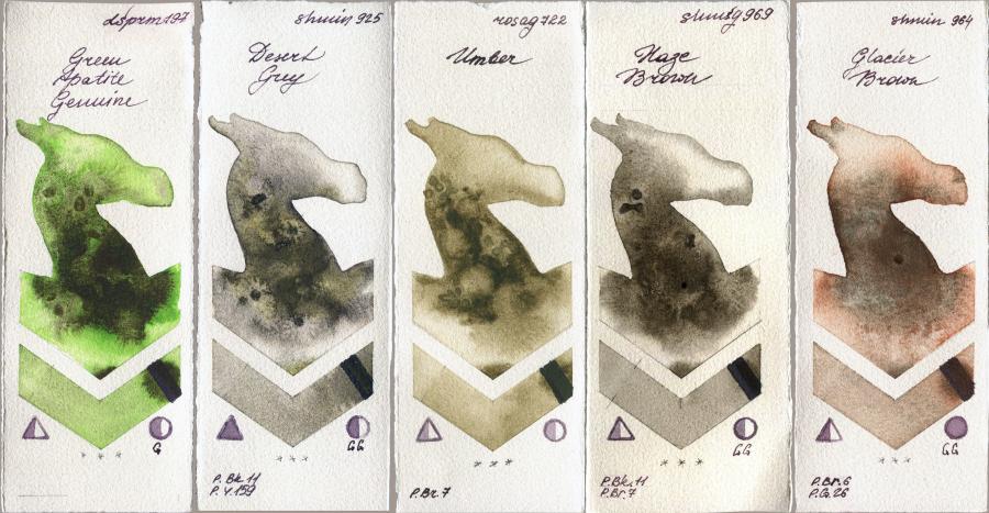 Daniel Smith 197 Green Apatite Genuine vs Shminke Horadam Aquarell 925 Desert Grey vs Rosa Gallery 722 Umber vs 969 Haze Brown vs 964 Glacier Brown watercolor swatch