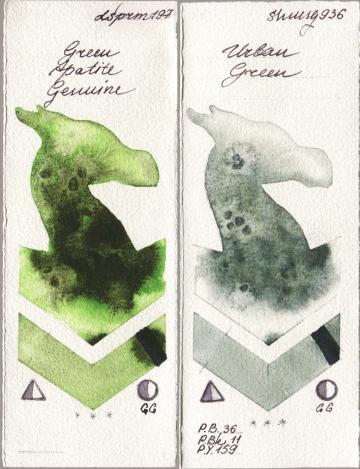 Daniel Smith 197 Green Apatite Genuine, Shminke Horadam Aquarell 936 Urban Gre watercolor swatch