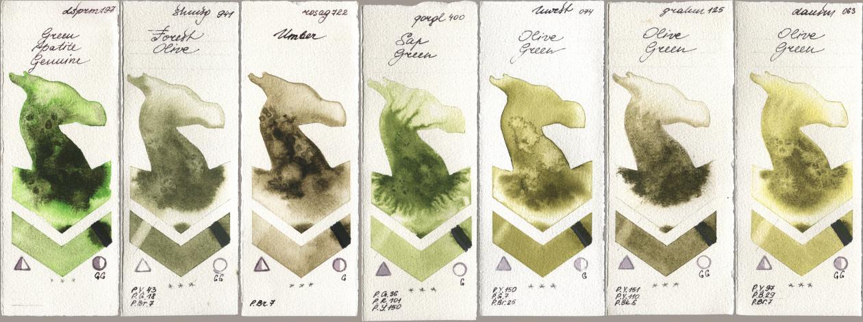Daniel Smith 197 Green Apatite Genuine, Shminke Horadam Aquarell 941 Forest Olive, Rosa Gallery 722 Umber, Golden QOR 400 Sap Green, Holbein Artists Watercolor 074 Olive Green, M. Graham & Co. Artists 125 Olive Green, 063 Olive Gre watercolor swatch