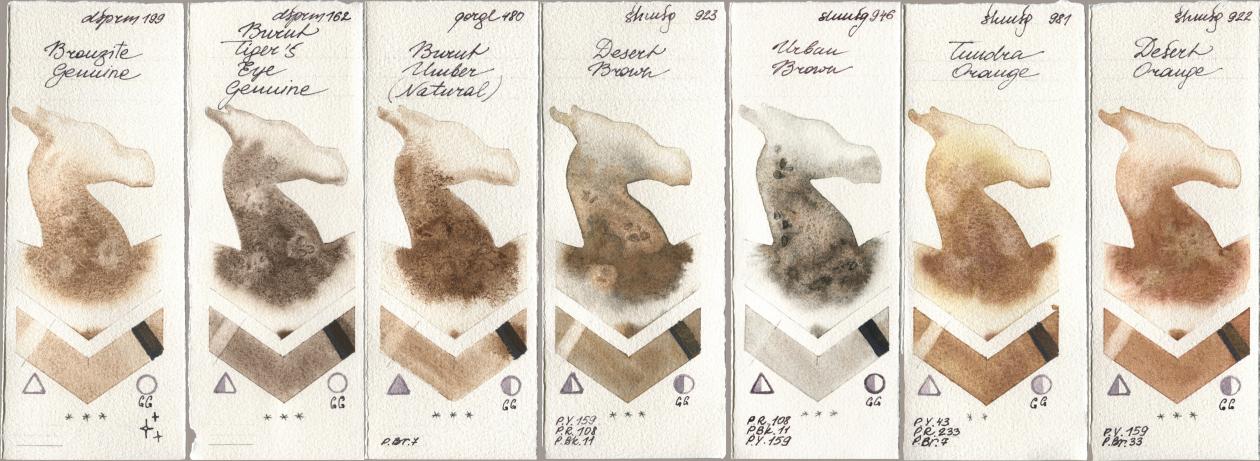 Daniel Smith 199 Bronzite Genuine, 162 Burnt Tigers Eye Genuine, Golden QOR 480 Burnt Umber (Natural), Shminke Horadam Aquarell 923 Desert Brown, 946 Urban Brown, 981 Tundra Orange, 922 Desert Oran watercolor swatch