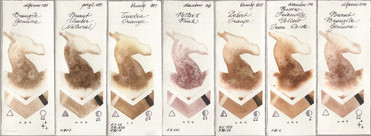 Daniel Smith 199 Bronzite Genuine, Golden QOR 480 Burnt Umber (Natural), Shminke Horadam Aquarell 981 Tundra Orange, 148 Potters Pink, 922 Desert Orange, 176 Enviro-Friendly Yellow Iron Oxide, 204 Burnt Bronzite Genui watercolor swatch