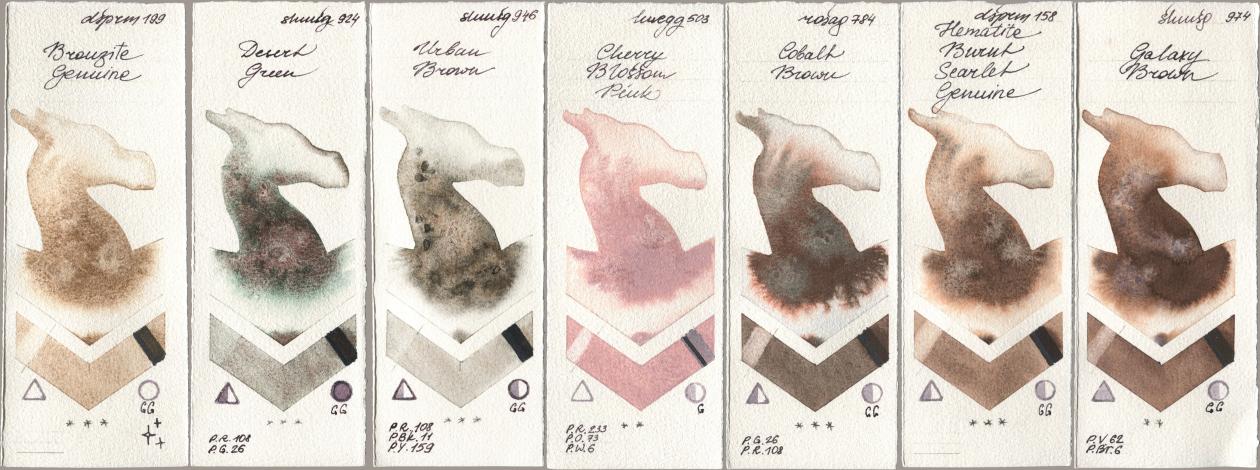Daniel Smith 199 Bronzite Genuine, Shminke Horadam Aquarell 924 Desert Green, 946 Urban Brown, Holbein Artists Watercolor 503 Cherry Blossom Pink, Rosa Gallery 784 Cobalt Brown, 158 Hematite Burnt Scarlet Genuine, 974 Galaxy Bro watercolor swatch