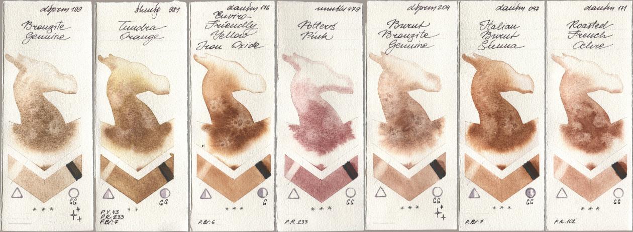 Daniel Smith 199 Bronzite Genuine, Shminke Horadam Aquarell 981 Tundra Orange, 176 Enviro-Friendly Yellow Iron Oxide, Maimeri Blu 479 Potters Pink, 204 Burnt Bronzite Genuine, 047 Italian Burnt Sienna, 171 Roasted French Och watercolor swatch