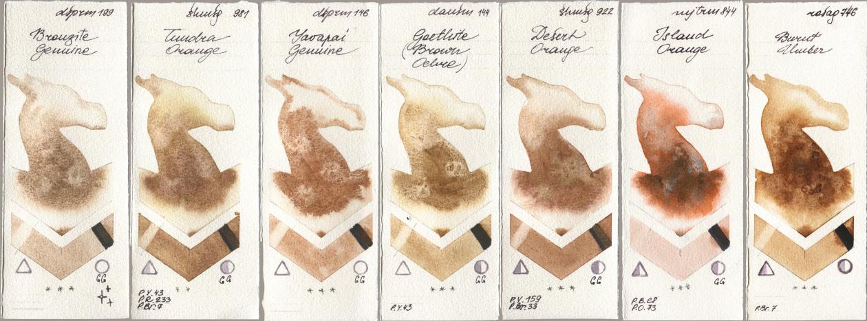Daniel Smith 199 Bronzite Genuine, Shminke Horadam Aquarell 981 Tundra Orange, 146 Yavapai Genuine, 144 Goethite (Brown Ochre), 922 Desert Orange, Mijello Mission Gold 844 Island Orange, Rosa Gallery 746 Burnt Umb watercolor swatch