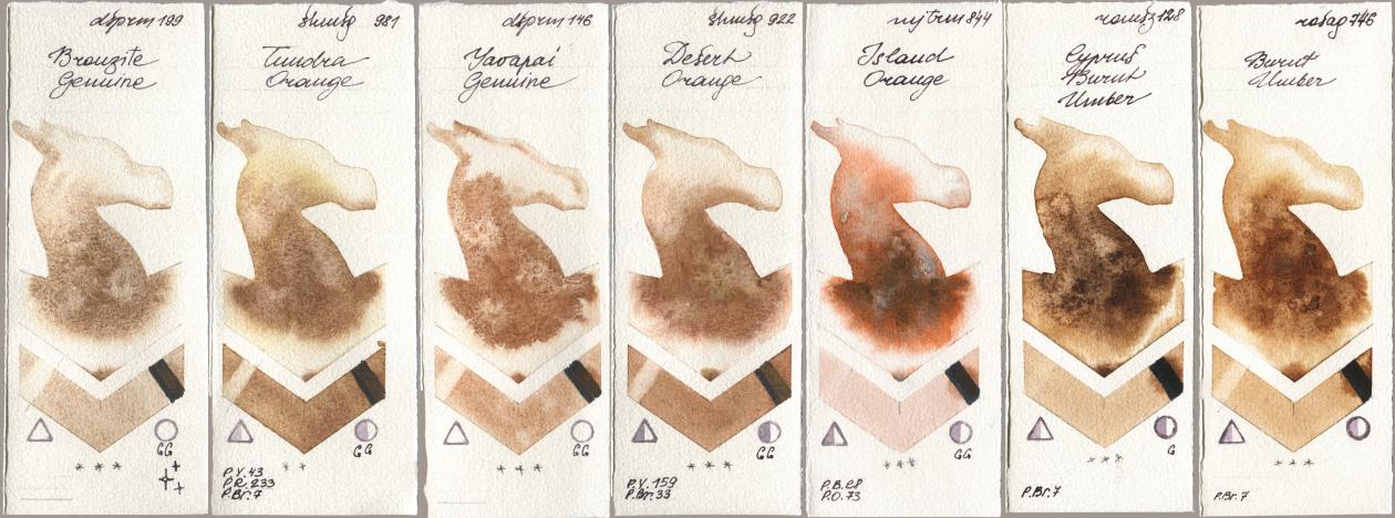 Daniel Smith 199 Bronzite Genuine, Shminke Horadam Aquarell 981 Tundra Orange, 146 Yavapai Genuine, 922 Desert Orange, Mijello Mission Gold 844 Island Orange, Roman Szmal Aquarius 128 Cyprus Burnt Umber, Rosa Gallery 746 Burnt Umb watercolor swatch