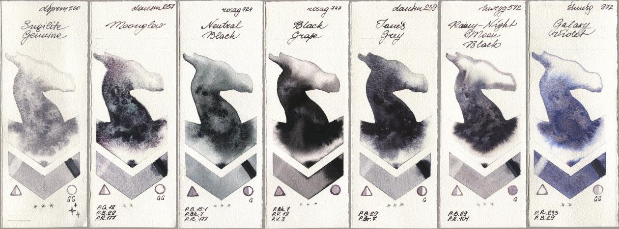 Daniel Smith 200 Sugilite Genuine, 057 Moonglow, Rosa Gallery 724 Neutral Black, 747 Black Grape, 239 Janes Grey, Holbein Artists Watercolor 572 Rainy-Night Moon Back, Shminke Horadam Aquarell 972 Galaxy Viol watercolor swatch