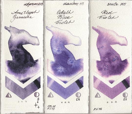 Daniel Smith 203 Amethyst Genuine, 115 Cobalt Blue Violet, Sennelier l Aquarelle 905 Red Viol watercolor swatch