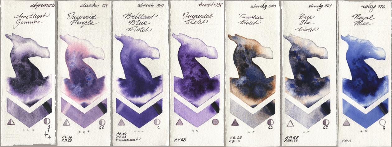 Daniel Smith 203 Amethyst Genuine, 174 Imperial Purple, Shminke Horadam Aquarell 910 Brilliant Blue Violet, Kuretake Gansai Tambi 038 Imperial Violet, 983 Tundra Violet, 951 Deep Sea Violet, Rosa Gallery 782 Royal Bl watercolor swatch