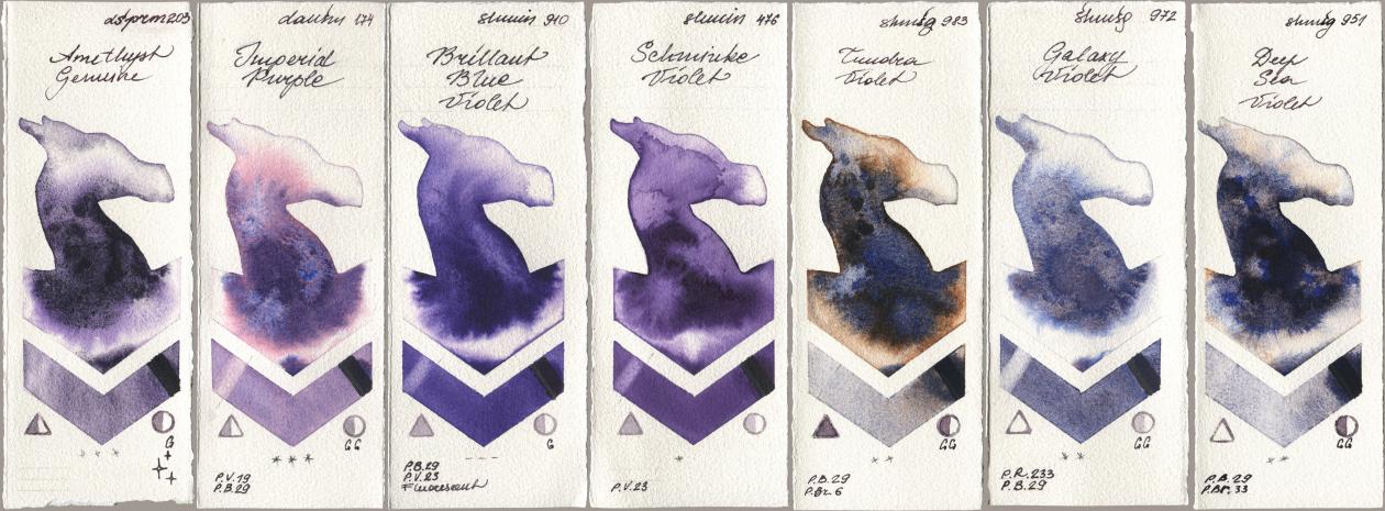 Daniel Smith 203 Amethyst Genuine, 174 Imperial Purple, Shminke Horadam Aquarell 910 Brilliant Blue Violet, 476 Schmincke Violet, 983 Tundra Violet, 972 Galaxy Violet, 951 Deep Sea Viol watercolor swatch