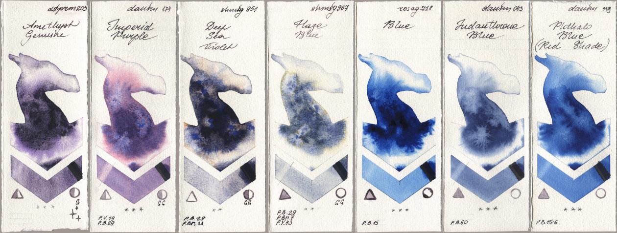 Daniel Smith 203 Amethyst Genuine, 174 Imperial Purple, Shminke Horadam Aquarell 951 Deep Sea Violet, 967 Haze Blue, Rosa Gallery 718 Blue, 043 Indanthrone Blue, 119 Phthalo Blue (Red Shad watercolor swatch