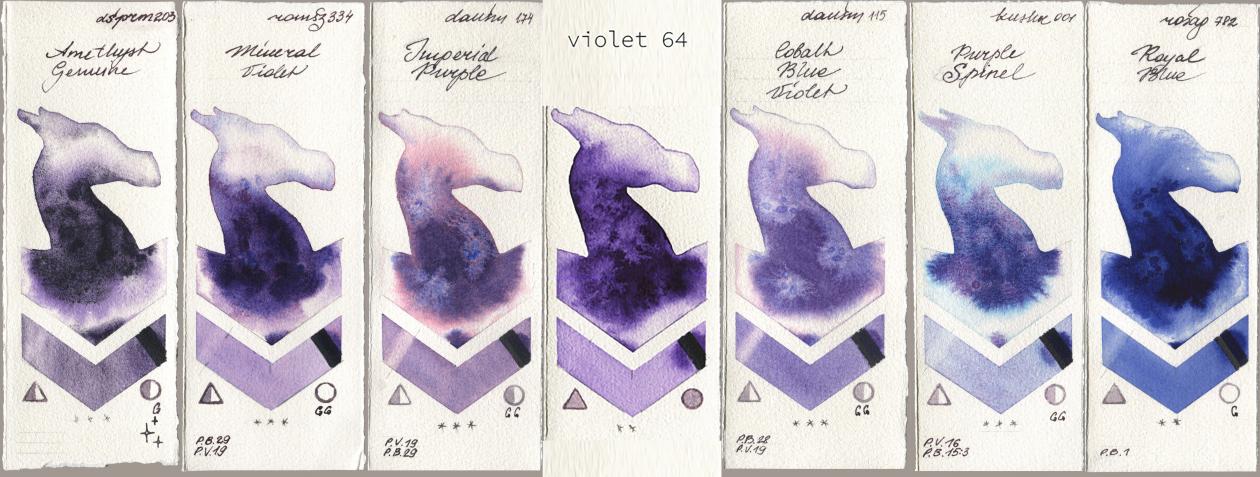 Daniel Smith 203 Amethyst Genuine, Roman Szmal Aquarius 334 Mineral Violet, 174 Imperial Purple, my 064 violet64, 115 Cobalt Blue Violet, Kusakabe 001 Purple Spinel, Rosa Gallery 782 Royal Bl watercolor swatch