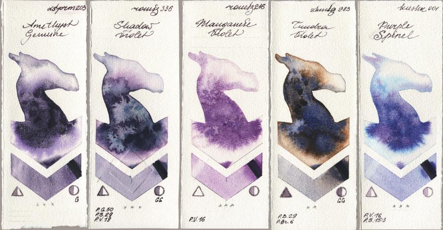 Daniel Smith 203 Amethyst Genuine vs Roman Szmal Aquarius 336 Shadow Violet vs 216 Manganese Violet vs Shminke Horadam Aquarell 983 Tundra Violet vs Kusakabe 001 Purple Spinel watercolor swatch