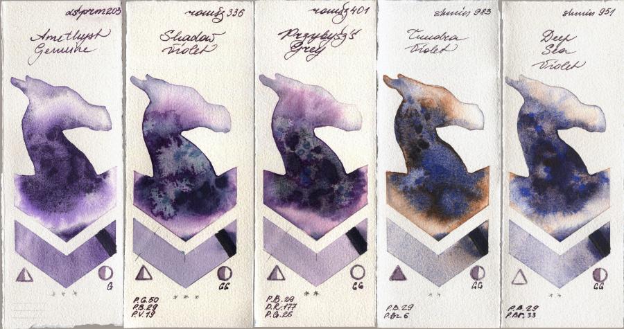 Daniel Smith 203 Amethyst Genuine vs Roman Szmal Aquarius 336 Shadow Violet vs 401 Przybyszs Grey vs Shminke Horadam Aquarell 983 Tundra Violet vs 951 Deep Sea Violet watercolor swatch