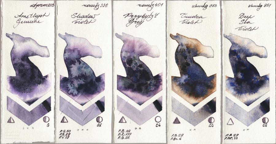 Daniel Smith 203 Amethyst Genuine vs Roman Szmal Aquarius 336 Shadow Violet vs 401 Przybyszs Grey vs Shminke Horadam Aquarell 983 Tundra Violet vs 951 Deep Sea Violet watercolor swatch