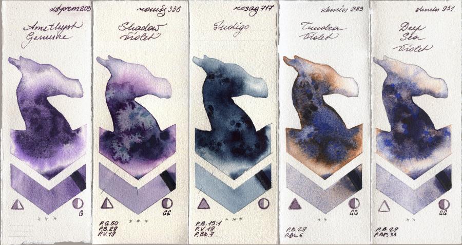 Daniel Smith 203 Amethyst Genuine vs Roman Szmal Aquarius 336 Shadow Violet vs Rosa Gallery 717 Indigo vs Shminke Horadam Aquarell 983 Tundra Violet vs 951 Deep Sea Violet watercolor swatch