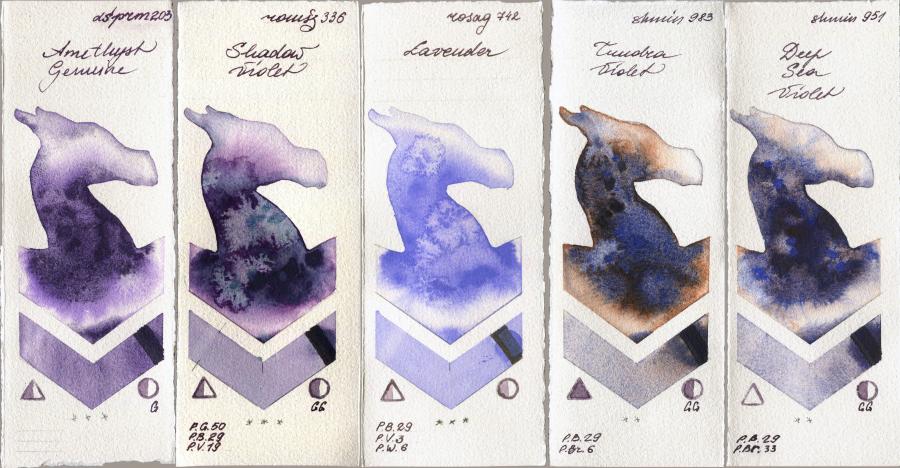 Daniel Smith 203 Amethyst Genuine vs Roman Szmal Aquarius 336 Shadow Violet vs Rosa Gallery 742 Lavender vs Shminke Horadam Aquarell 983 Tundra Violet vs 951 Deep Sea Violet watercolor swatch