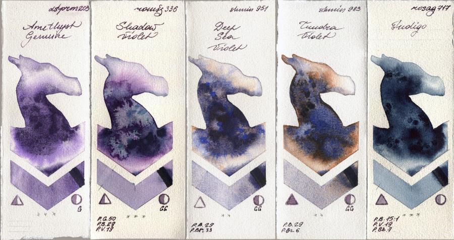 Daniel Smith 203 Amethyst Genuine vs Roman Szmal Aquarius 336 Shadow Violet vs Shminke Horadam Aquarell 951 Deep Sea Violet vs 983 Tundra Violet vs Rosa Gallery 717 Indigo watercolor swatch