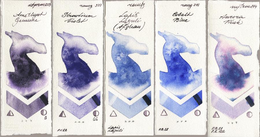 Daniel Smith 203 Amethyst Genuine vs Roman Szmal Aquarius 377 Strontium Violet vs 999 Lapis Lazuli Afghan vs Rosa Gallery 716 Cobalt Blue vs Mijello Mission Gold 814 Aurora Pink watercolor swatch