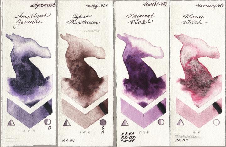 Daniel Smith 203 Amethyst Genuine vs Rosa Gallery 758 Caput Mortuum vs Holbein Artists Watercolor 112 Mineral Violet vs Rockwell 414 Morai Witch watercolor swatch