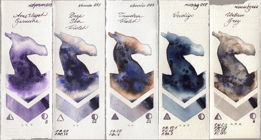Daniel Smith 203 Amethyst Genuine vs Shminke Horadam Aquarell 951 Deep Sea Violet vs 983 Tundra Violet vs Rosa Gallery 717 Indigo vs Roman Szmal Aquarius 262 Urban Grey watercolor swatch