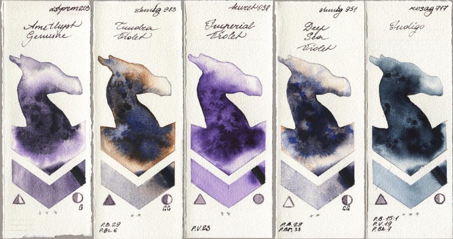 Daniel Smith 203 Amethyst Genuine vs Shminke Horadam Aquarell 983 Tundra Violet vs Kuretake Gansai Tambi 038 Imperial Violet vs 951 Deep Sea Violet vs Rosa Gallery 717 Indigo watercolor swatch
