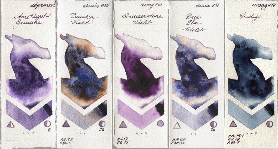 Daniel Smith 203 Amethyst Genuine vs Shminke Horadam Aquarell 983 Tundra Violet vs Rosa Gallery 749 Quinacridone Violet vs 951 Deep Sea Violet vs 717 Indigo watercolor swatch