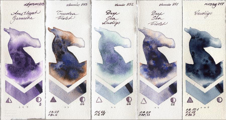 Daniel Smith 203 Amethyst Genuine vs Shminke Horadam Aquarell 983 Tundra Violet vs 952 Deep Sea Indigo vs 951 Deep Sea Violet vs Rosa Gallery 717 Indigo watercolor swatch