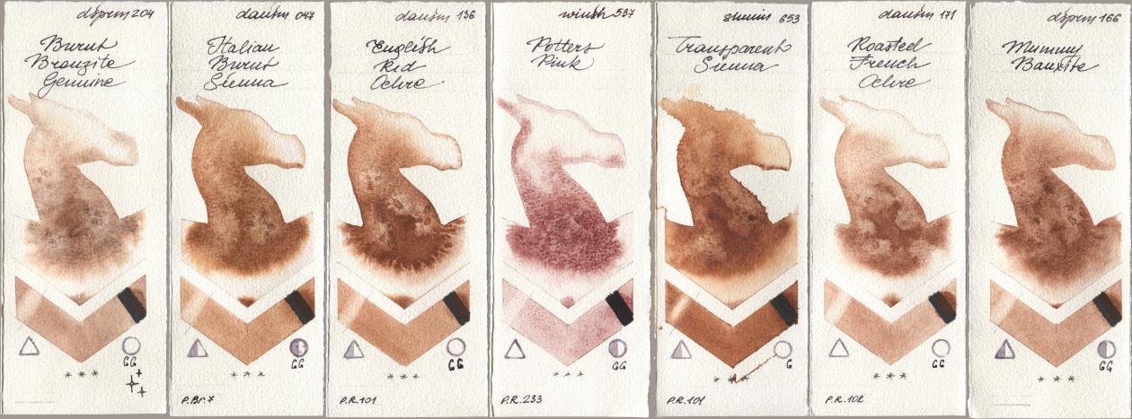 Daniel Smith 204 Burnt Bronzite Genuine, 047 Italian Burnt Sienna, 136 English Red Ochre, Winsor & Newton Professional 537 Potters Pink, Shminke Horadam Aquarell 653 Transparent Sienna, 171 Roasted French Ochre, 166 Mummy Bauxi watercolor swatch