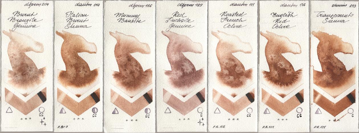 Daniel Smith 204 Burnt Bronzite Genuine, 047 Italian Burnt Sienna, 166 Mummy Bauxite, 189 Red Fuchsite Genuine, 171 Roasted French Ochre, 136 English Red Ochre, Shminke Horadam Aquarell 653 Transparent Sien watercolor swatch