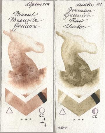 Daniel Smith 204 Burnt Bronzite Genuine, 121 German Greenish Raw Umb watercolor swatch