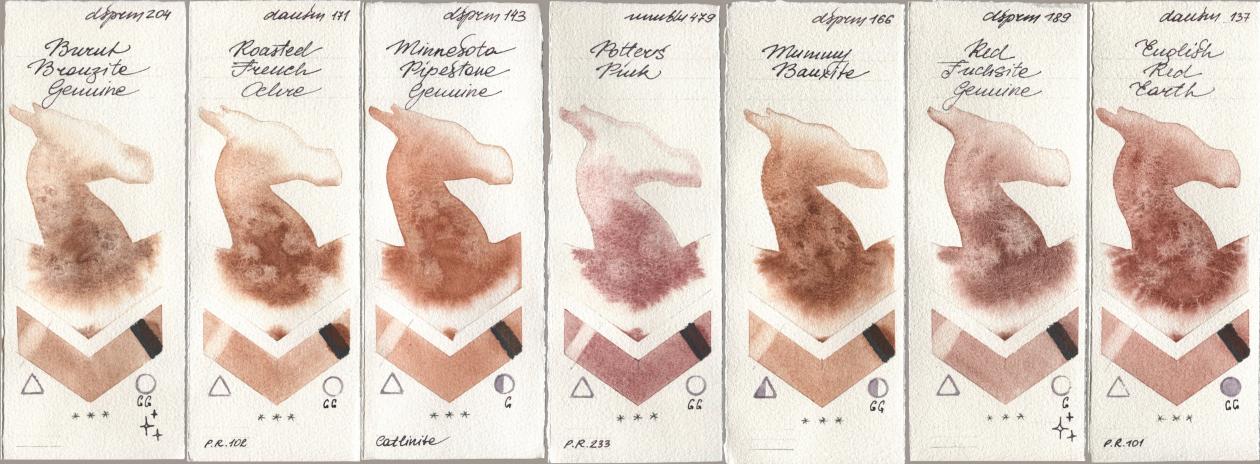 Daniel Smith 204 Burnt Bronzite Genuine, 171 Roasted French Ochre, 143 Minnesota Pipestone Genuine, Maimeri Blu 479 Potters Pink, 166 Mummy Bauxite, 189 Red Fuchsite Genuine, 137 English Red Ear watercolor swatch