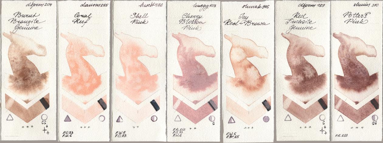 Daniel Smith 204 Burnt Bronzite Genuine, 255 Coral Reef, Holbein Artists Watercolor 026 Shell Pink, 503 Cherry Blossom Pink, Shminke Akademie Aquarell 916 Icy Red-Brown, 189 Red Fuchsite Genuine, Shminke Horadam Aquarell 370 Potters Pi watercolor swatch