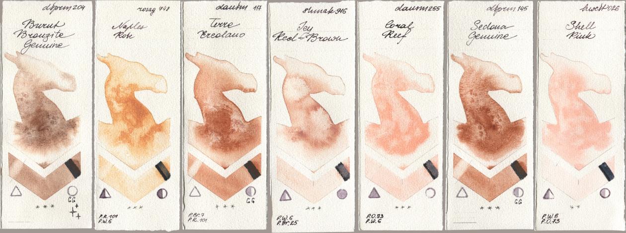 Daniel Smith 204 Burnt Bronzite Genuine, Rosa Gallery 748 Naples Rose, 117 Terre Ercolano, Shminke Akademie Aquarell 916 Icy Red-Brown, 255 Coral Reef, 145 Sedona Genuine, Holbein Artists Watercolor 026 Shell Pi watercolor swatch