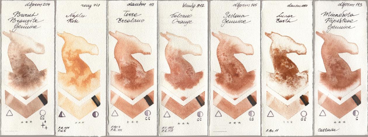 Daniel Smith 204 Burnt Bronzite Genuine, Rosa Gallery 748 Naples Rose, 117 Terre Ercolano, Shminke Horadam Aquarell 912 Volcano Orange, 145 Sedona Genuine, 050 Lunar Earth, 143 Minnesota Pipestone Genui watercolor swatch