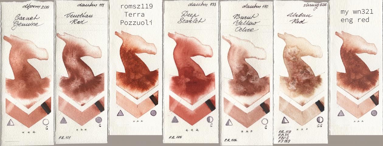 Daniel Smith 205 Garnet Genuine, 111 Venetian Red, my 119 pozzuoli, 033 Deep Scarlet, 170 Burnt Yellow Ochre, Shminke Horadam Aquarell 926 Urban Red, 034 eng r watercolor swatch