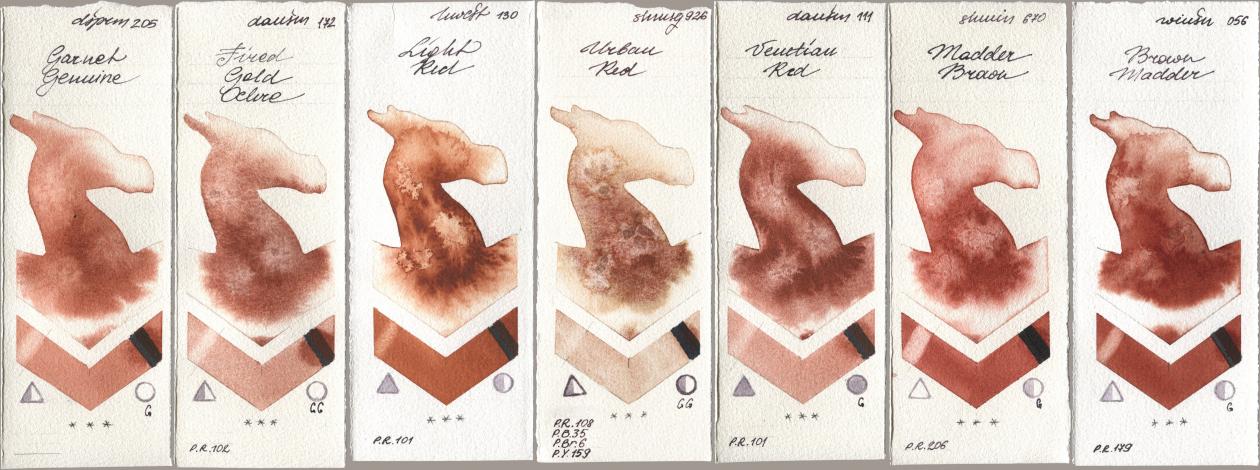 Daniel Smith 205 Garnet Genuine, 172 Fired Gold Ochre, Holbein Artists Watercolor 130 Light Red, Shminke Horadam Aquarell 926 Urban Red, 111 Venetian Red, 670 Madder Brown, Winsor & Newton Professional 056 Brown Madd watercolor swatch