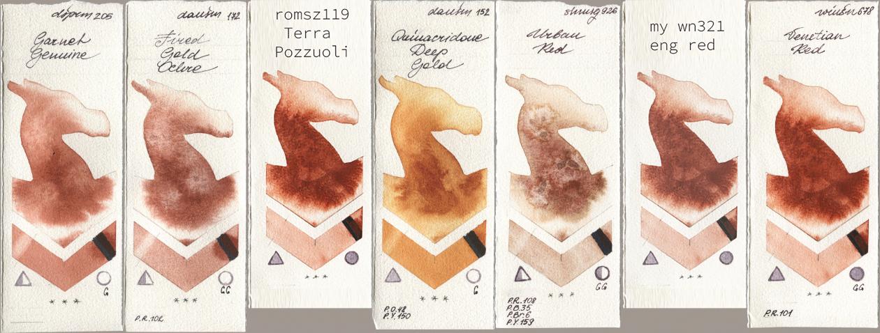 Daniel Smith 205 Garnet Genuine, 172 Fired Gold Ochre, my 119 pozzuoli, 152 Quinacridone Deep Gold, Shminke Horadam Aquarell 926 Urban Red, 034 eng red, Winsor & Newton Professional 678 Venetian R watercolor swatch
