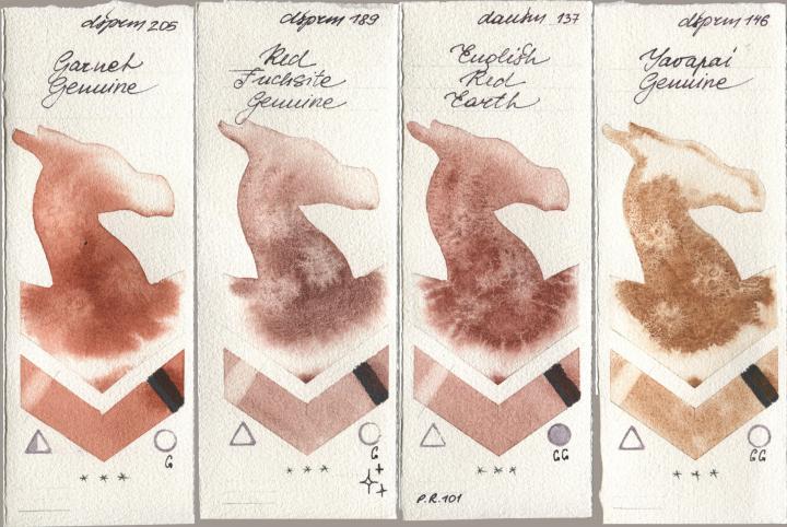 Daniel Smith 205 Garnet Genuine, 189 Red Fuchsite Genuine, 137 English Red Earth, 146 Yavapai Genui watercolor swatch