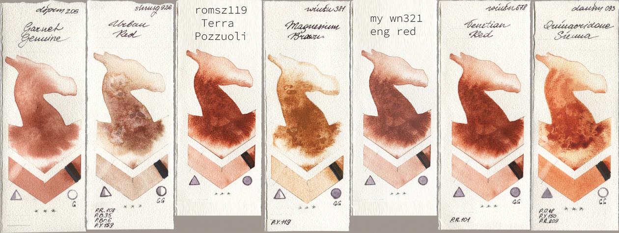 Daniel Smith 205 Garnet Genuine, Shminke Horadam Aquarell 926 Urban Red, my 119 pozzuoli, Winsor & Newton Professional 381 Magnesuim Brown, 034 eng red, 678 Venetian Red, 093 Quinacridone Sien watercolor swatch
