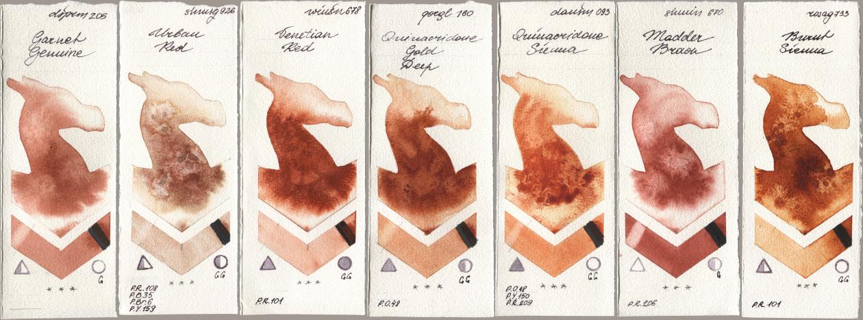 Daniel Smith 205 Garnet Genuine, Shminke Horadam Aquarell 926 Urban Red, Winsor & Newton Professional 678 Venetian Red, Golden QOR 160 Quinacridone Gold Deep, 093 Quinacridone Sienna, 670 Madder Brown, Rosa Gallery 733 Burnt Sien watercolor swatch