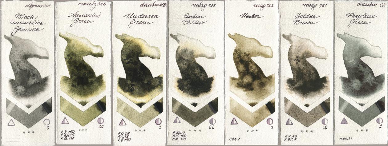 Daniel Smith 207 Black Tourmaline Genuine, Roman Szmal Aquarius 346 Aquarius Green, 109 Undersea Green, Rosa Gallery 788 Carbon Yellow, 722 Umber, 761 Golden Brown, 194 Perylene Gre watercolor swatch