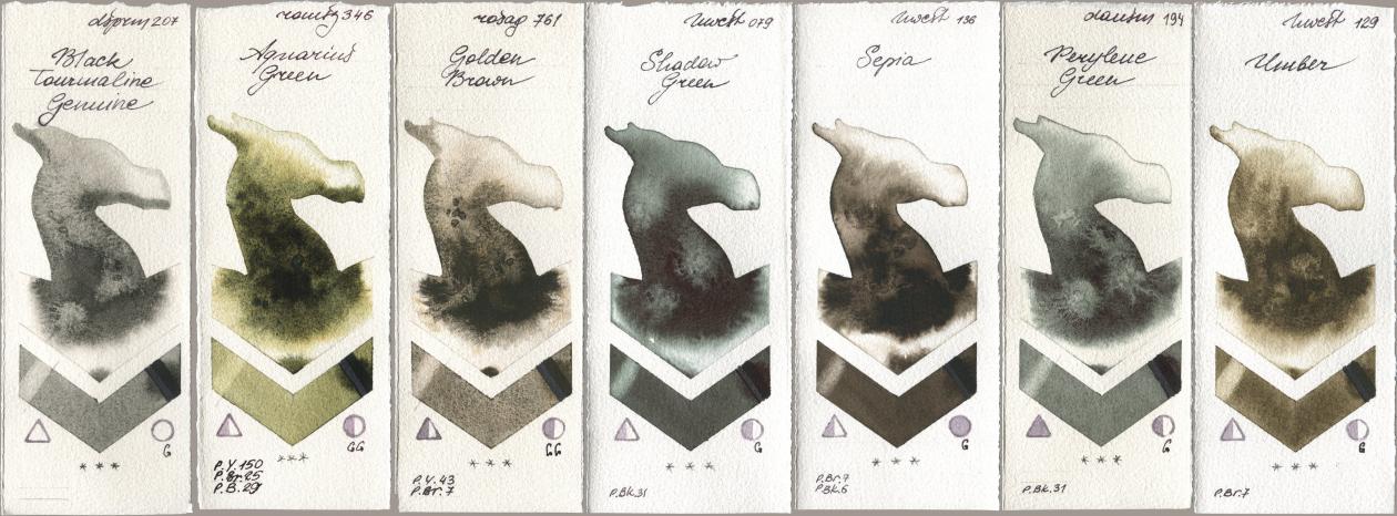 Daniel Smith 207 Black Tourmaline Genuine, Roman Szmal Aquarius 346 Aquarius Green, Rosa Gallery 761 Golden Brown, Holbein Artists Watercolor 079 Shadow Green, 136 Sepia, 194 Perylene Green, 129 Umb watercolor swatch