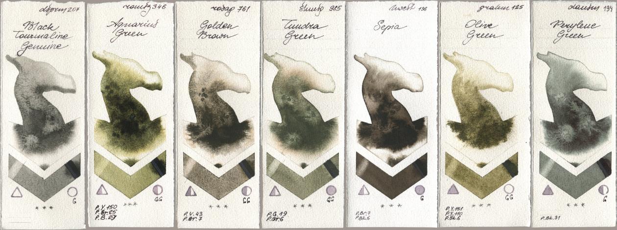 Daniel Smith 207 Black Tourmaline Genuine, Roman Szmal Aquarius 346 Aquarius Green, Rosa Gallery 761 Golden Brown, Shminke Horadam Aquarell 985 Tundra Green, Holbein Artists Watercolor 136 Sepia, M. Graham & Co. Artists 125 Olive Green, 194 Perylene Gre watercolor swatch