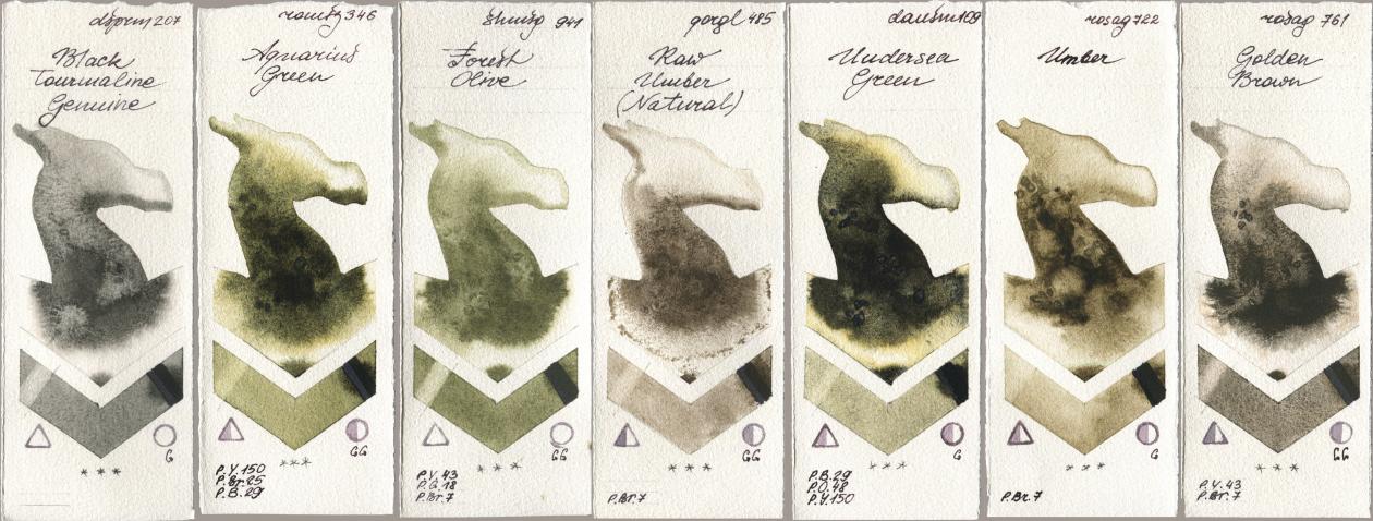 Daniel Smith 207 Black Tourmaline Genuine, Roman Szmal Aquarius 346 Aquarius Green, Shminke Horadam Aquarell 941 Forest Olive, Golden QOR 485 Raw Umber (Natural), 109 Undersea Green, Rosa Gallery 722 Umber, 761 Golden Bro watercolor swatch