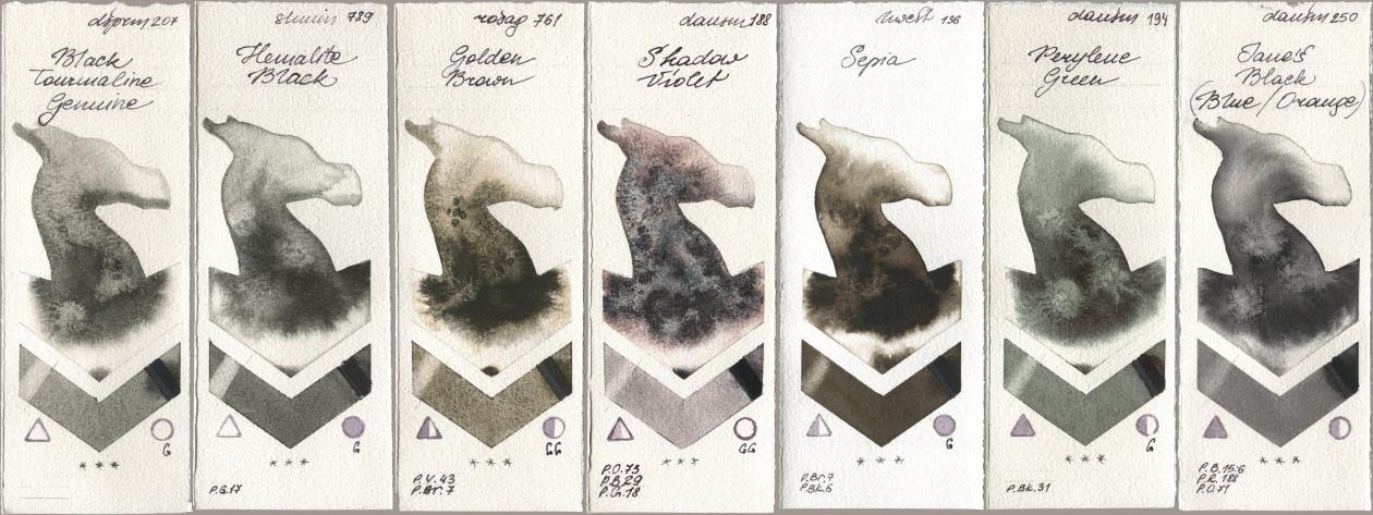 Daniel Smith 207 Black Tourmaline Genuine, Shminke Horadam Aquarell 789 Hematite Black, Rosa Gallery 761 Golden Brown, 188 Shadow Violet, Holbein Artists Watercolor 136 Sepia, 194 Perylene Green, 250 Janes Black (Blue/Orang watercolor swatch