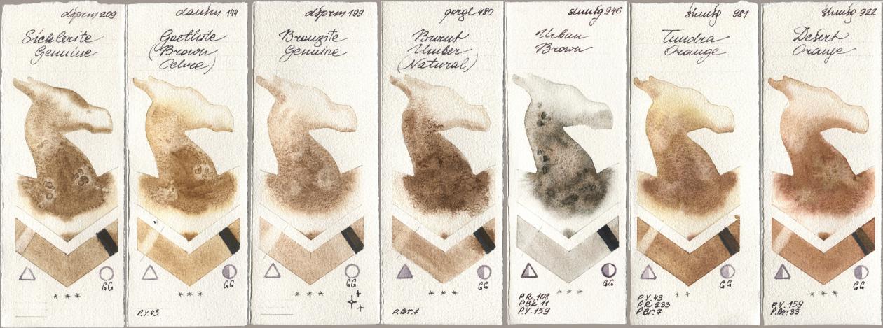 Daniel Smith 209 Sicklerite Genuine, 144 Goethite (Brown Ochre), 199 Bronzite Genuine, Golden QOR 480 Burnt Umber (Natural), Shminke Horadam Aquarell 946 Urban Brown, 981 Tundra Orange, 922 Desert Oran watercolor swatch