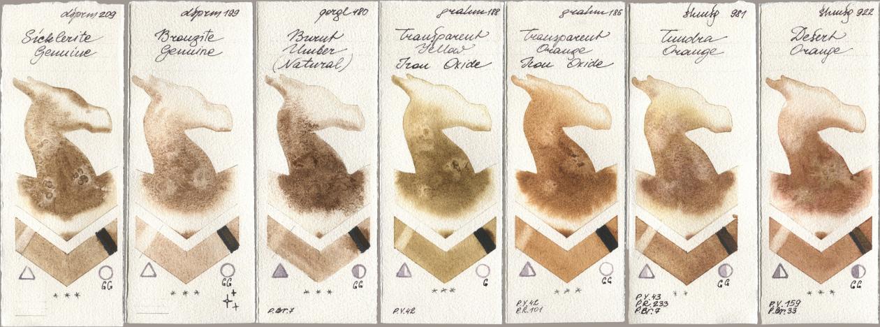 Daniel Smith 209 Sicklerite Genuine, 199 Bronzite Genuine, Golden QOR 480 Burnt Umber (Natural), M. Graham & Co. Artists 188 Transparent Yellow Iron Oxide, 186 Transparent Orange Iron Oxide, Shminke Horadam Aquarell 981 Tundra Orange, 922 Desert Oran watercolor swatch