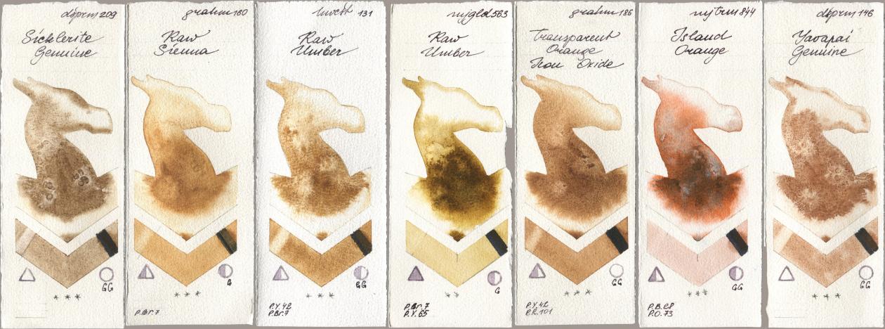 Daniel Smith 209 Sicklerite Genuine, M. Graham & Co. Artists 160 Raw Sienna, Holbein Artists Watercolor 131 Raw Umber, Mijello Mission Gold 563 Raw Umber, 186 Transparent Orange Iron Oxide, 844 Island Orange, 146 Yavapai Genui watercolor swatch