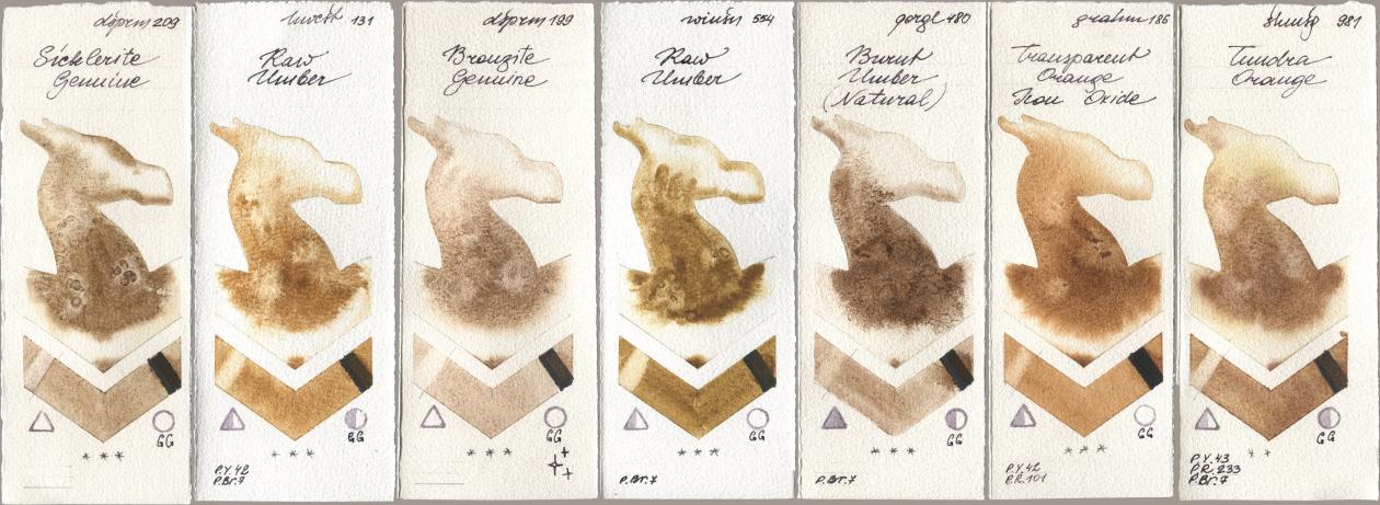 Daniel Smith 209 Sicklerite Genuine, Holbein Artists Watercolor 131 Raw Umber, 199 Bronzite Genuine, Winsor & Newton Professional 554 Raw Umber, Golden QOR 480 Burnt Umber (Natural), M. Graham & Co. Artists 186 Transparent Orange Iron Oxide, Shminke Horadam Aquarell 981 Tundra Oran watercolor swatch