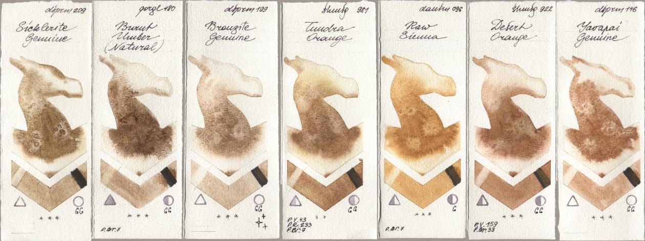 Daniel Smith 209 Sicklerite Genuine, Golden QOR 480 Burnt Umber (Natural), 199 Bronzite Genuine, Shminke Horadam Aquarell 981 Tundra Orange, 096 Raw Sienna, 922 Desert Orange, 146 Yavapai Genui watercolor swatch
